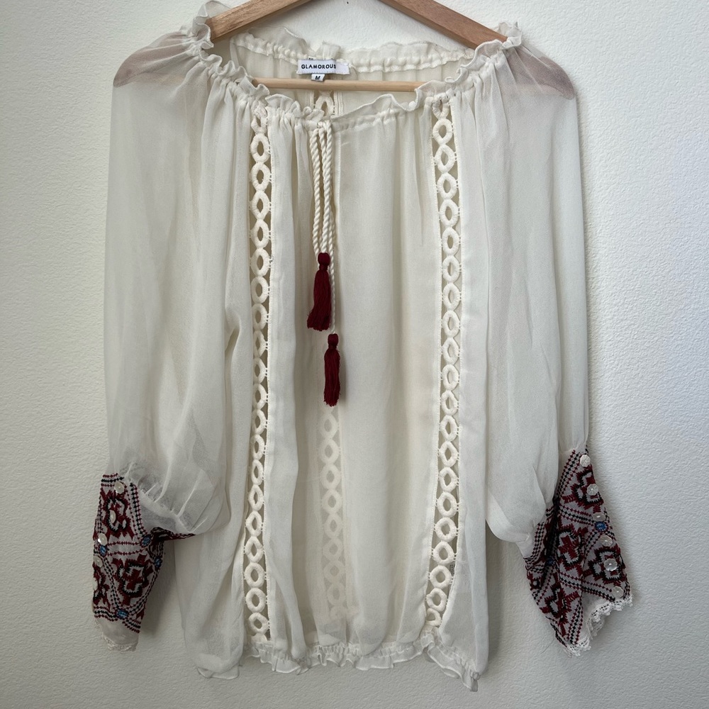Glamorous Sheer Embroidered Blouse Size Medium